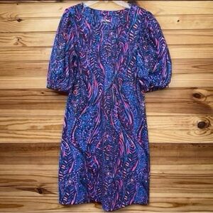 LILLY PULITZER BLUE FLARE ALWAYS PAWSITIVE CATH 3/4 LENGTH SLEEVE DRESS